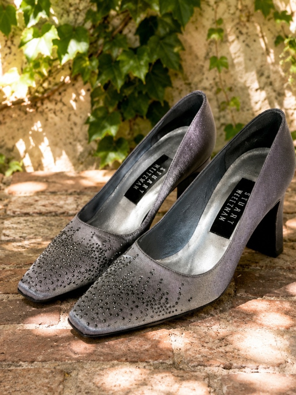 STUART WEITZMAN Cocktail Quiet Luxury Gunmetal Studded Gray Satin Pumps, 5.5
